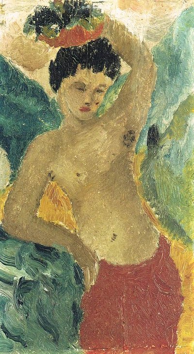 Garçon debout avec pantalon rouge et panier de fruits - Helmut Kolle